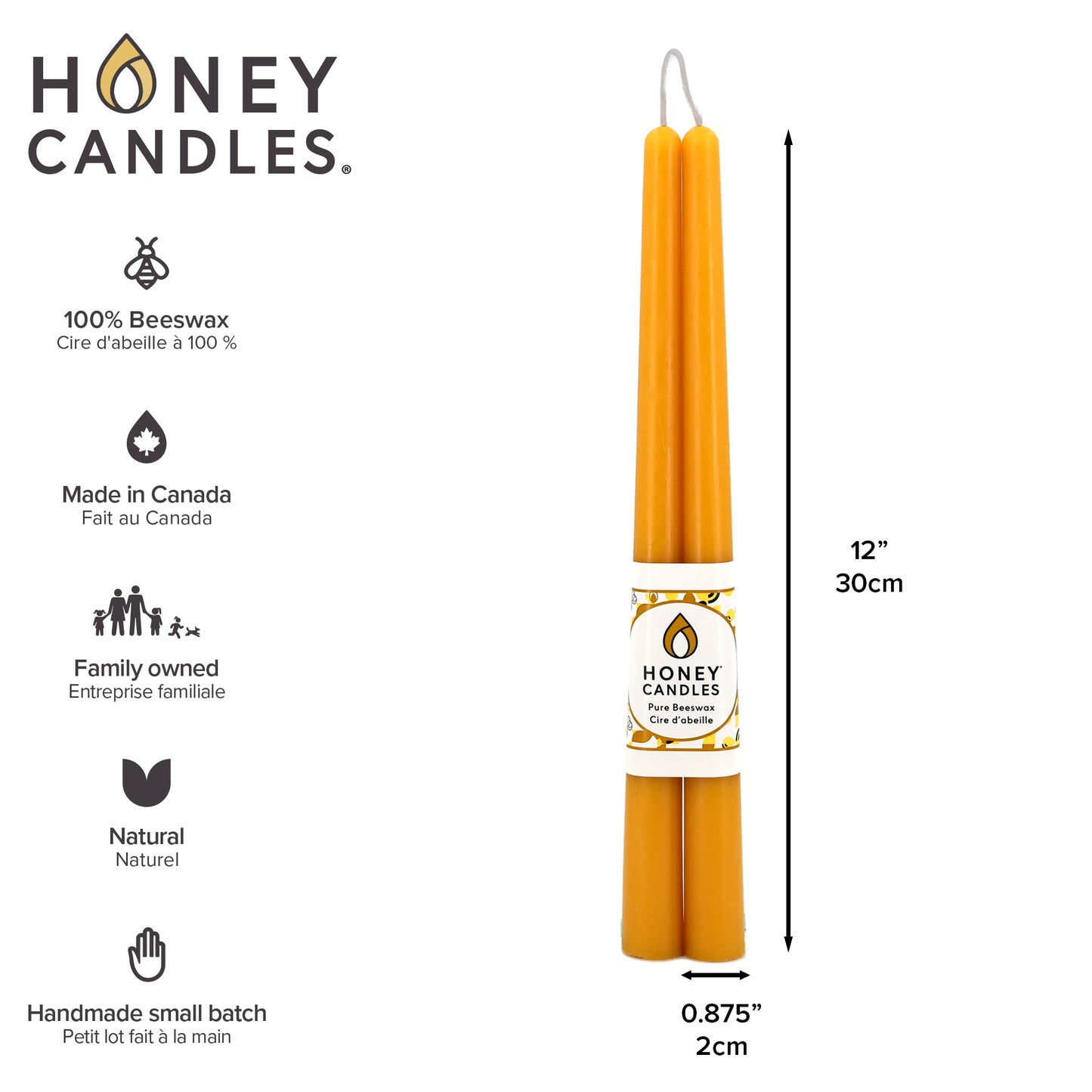 Pair of 12 Inch Natural Beeswax Taper Candles