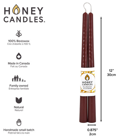 Pair of 12 Inch Dark Brown Beeswax Taper Candles