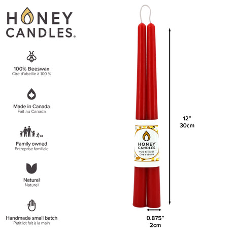 Pair of 12 Inch Red Beeswax Taper Candles