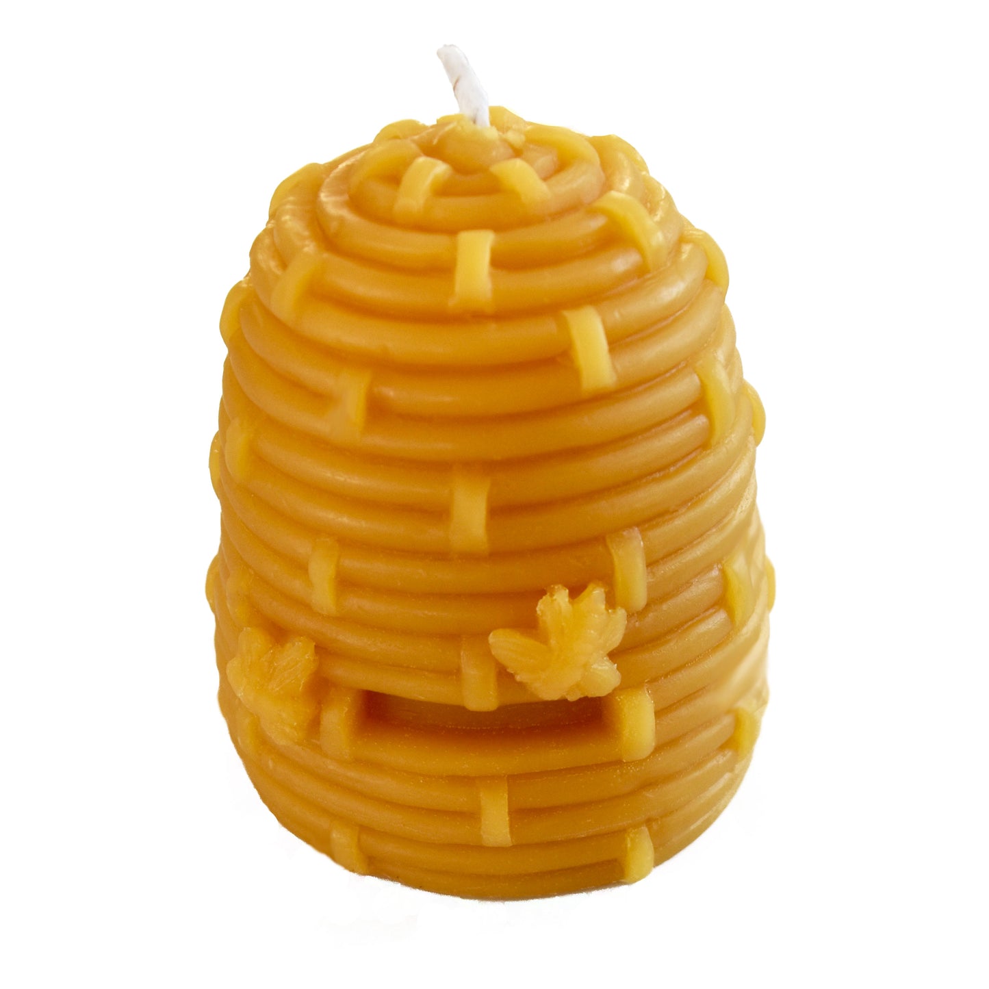 Beehive shaped skep beeswax candle with cute small bee pattern made by Honey Candles.