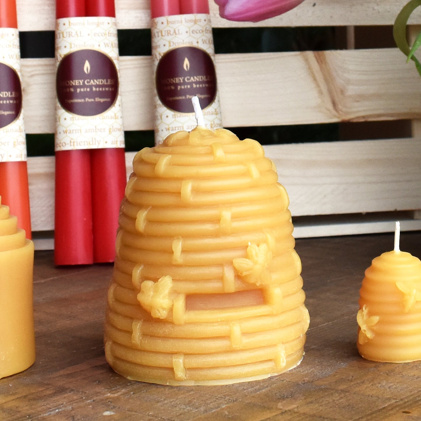 Honey Candles large skep beeswax candle with spring décor inspiration.