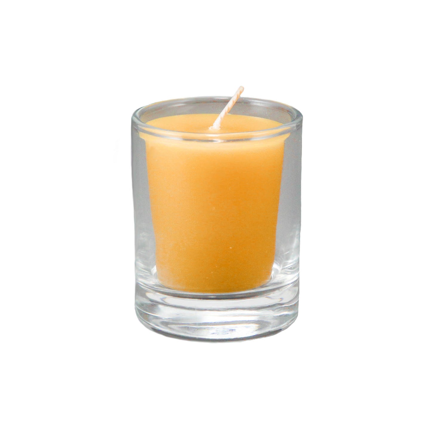 single natural votive beeswax candle in a clear cup